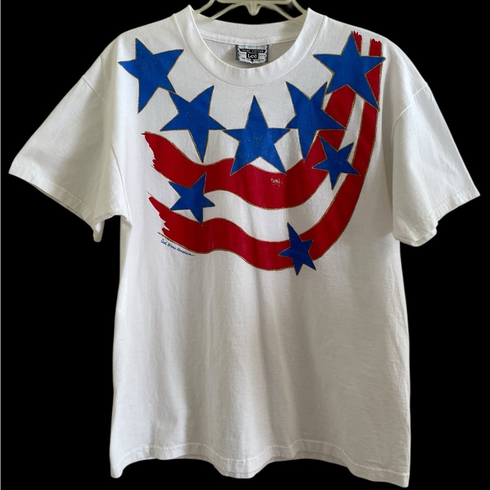 VINTAGE 90s LEE “TOTAL COTTON” PATRIOTIC GRAPHIC TEE Size L Red White Blue Gold - Picture 5 of 16